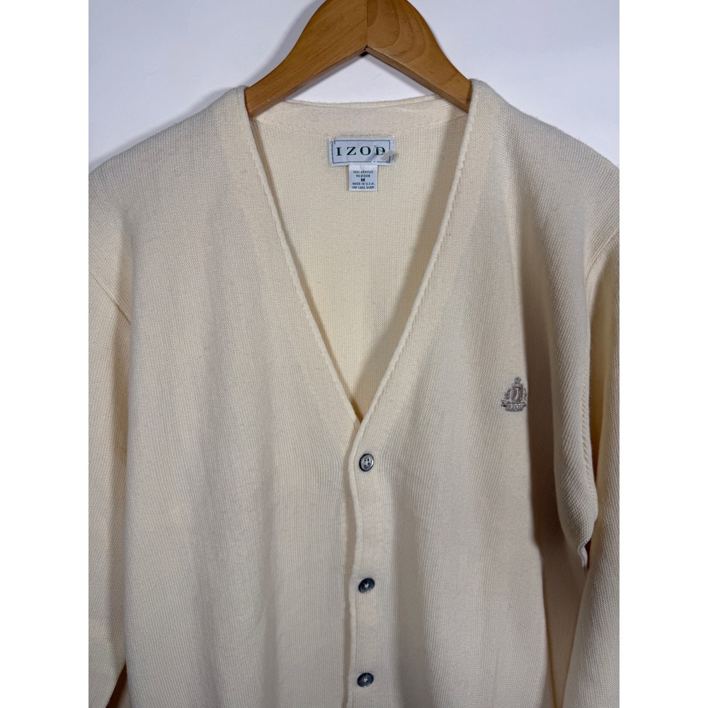 Vintage Izod Cardigan Mens Medium Cream Off White V-Neck Button Up Made in USA